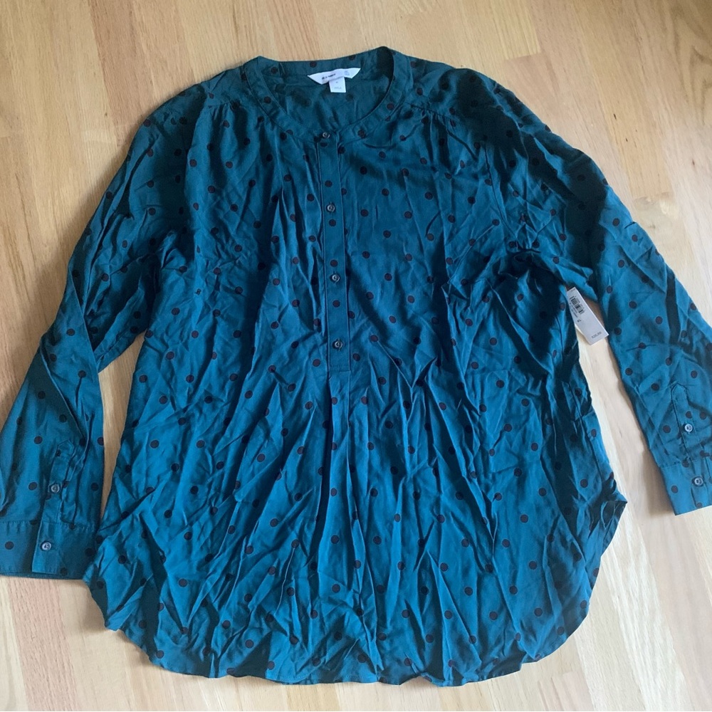New old navy polka dots green black blouse sz XL long sleeve